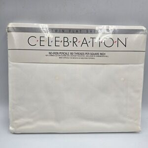 New‎ Vintage Celebration Percale No Iron Twin Flat Sheet White USA Cottagecore